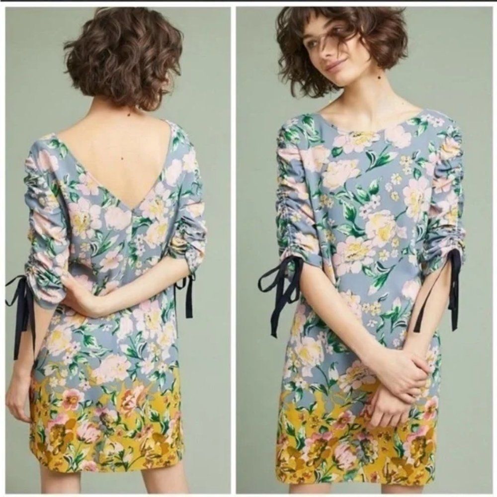 🌷 DONNA MORGAN 🌷 Anthropologie Floral Ruched Sleeve Dress - [Size 0]
